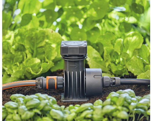 Waterklok met irrigatieslang en planten in de tuin