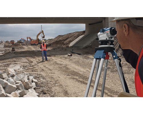 Bouwvakkers die op een bouwplaats met een waterpasinstrument aan het landmeten zijn.