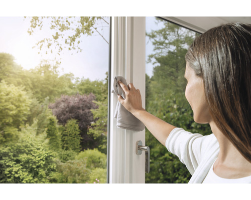 Een vrouw maakt een raam schoon met een doek. Op de achtergrond is een tuin te zien.