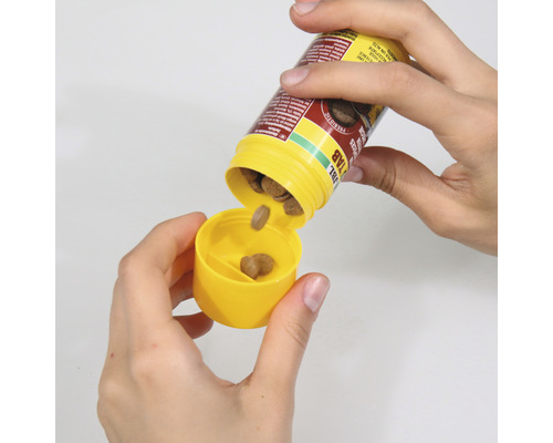 Een persoon schudt visvoedingstabletten uit een gele container.