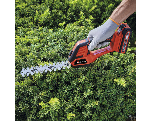 Accuheggenschaar in gebruik om een hek te snoeien