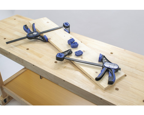 Werkbank met twee éénhandsklemmen en accessoires voor het bevestigen van hout