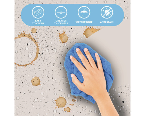 Reiniging van een oppervlak met vlekken en symbolen voor gemakkelijk schoonmaken, grotere dikte, waterdichtheid en vlekbestendigheid