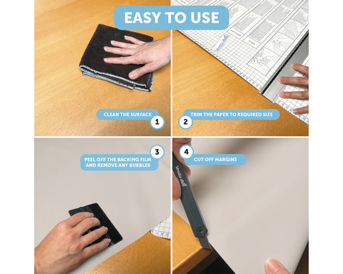 Montagehandleiding in vier stappen: oppervlak reinigen, papier op maat snijden, beschermfolie verwijderen, randen afsnijden.