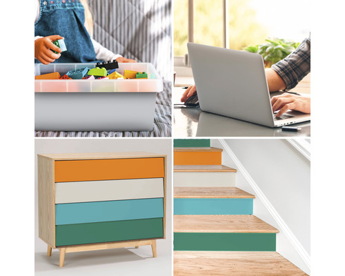 Collage van verschillende doe-het-zelfprojecten: kind met speelgoedkist, persoon achter laptop, ladekast met gekleurde laden en gekleurd geschilderde trap