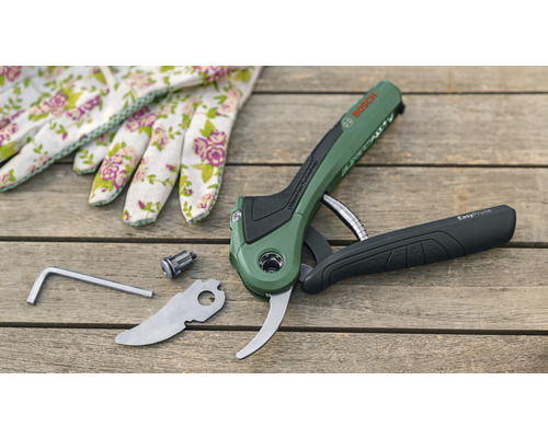 Bosch EasyPrune accu-tuinschaar met accessoires en tuinhandschoenen