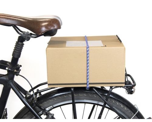 Pakket op een fietsbagagedrager bevestigd met een bagagespin.