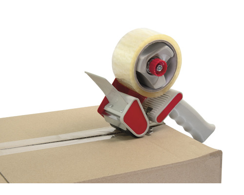 Verpakkingstape dispenser op een kartonnen doos