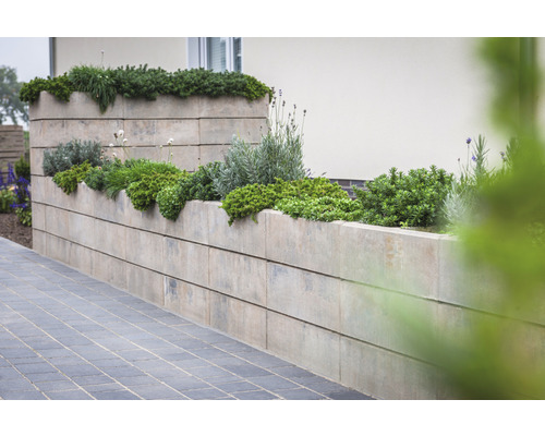 Gestapelde tuinmuur met beplanting