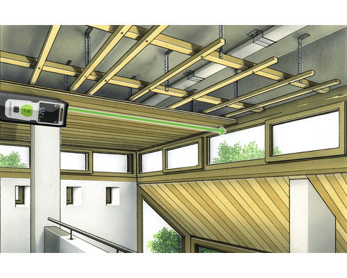 Illustratie van een interieur met plafondconstructie en laser afstandsmeetapparaat