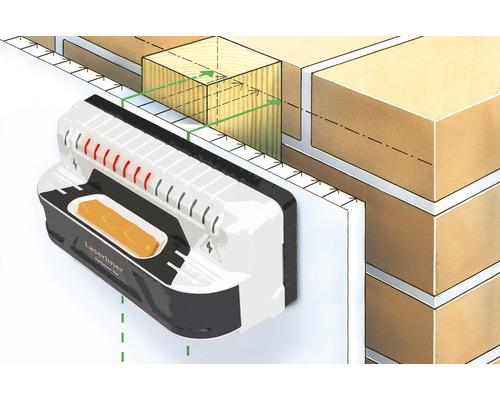 Illustratie van een Laserliner lokalisatieapparaat in gebruik om houten balken in een muur te detecteren.