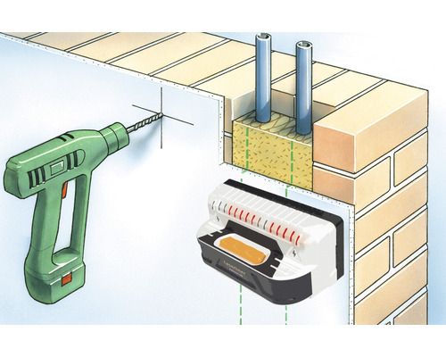 Illustratie van een muur met boormachine en leidingzoeker