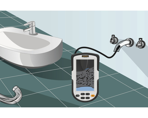 Badkamerscène met wastafel en een Laserliner inspectiecamera voor pijpinspectie