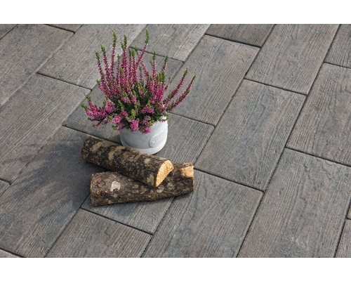 Bestrating van straatstenen met houtstructuur, gedecoreerd met een potplant en stukken hout