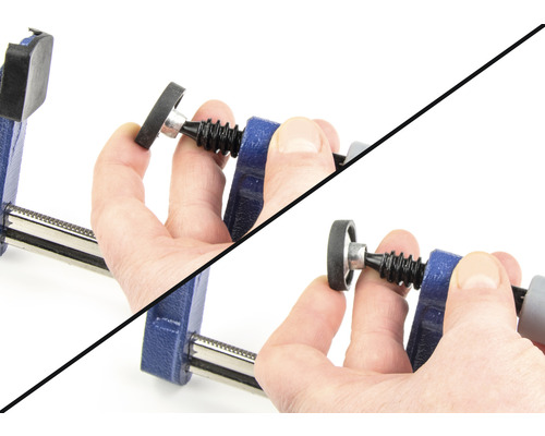 Demonstratie van de bediening van een lijmklem door aan de hendel te draaien