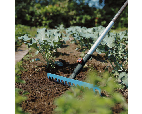 Tuinscene met hark voor het losmaken van de grond