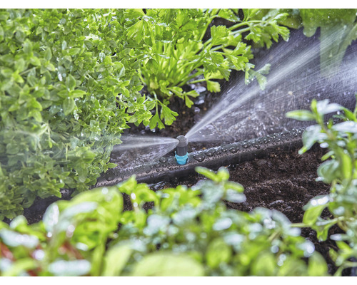 Irrigatiesysteem in gebruik tussen planten in de tuin