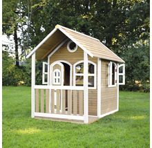 Houten speelhuis met deur en ramen in de tuin