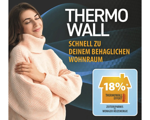 Thermo Wall productafbeelding met een vrouw die zich comfortabel voelt en een indicatie van 18 procent besparing op verwarmingskosten