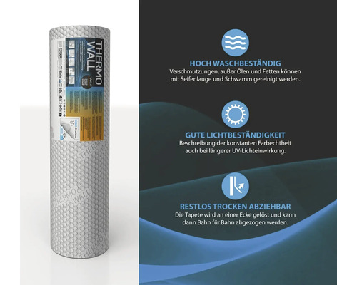 Rol Thermo Wall behang met informatie over wasbestendigheid, lichtechtheid en verwijdering