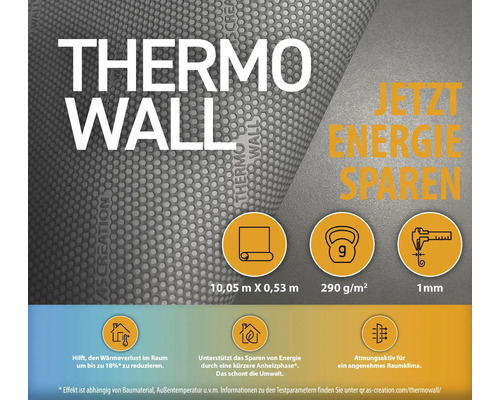Thermo Wall voor thermische isolatie met de afmetingen 10,05 meter bij 0,53 meter, een gewicht van 290 gram per vierkante meter en een dikte van 1 millimeter.