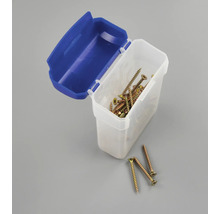 Schroeven in een kunststof container met blauw deksel