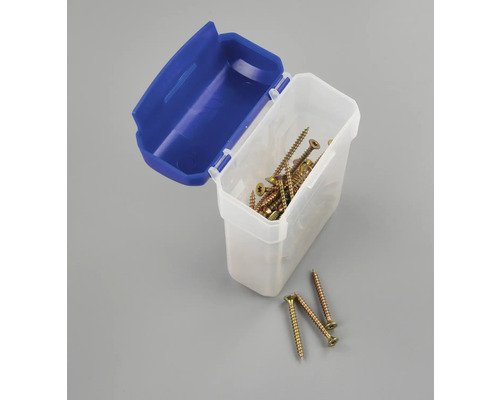 Schroeven in een kunststof container met blauw deksel