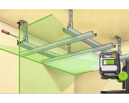 Illustratie van een verlaagd plafond met schroevendraaier en laser