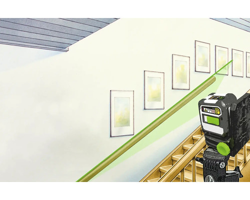 Illustratie van een laserwaterpas uitgelijnd op een trap voor het ophangen van foto''s