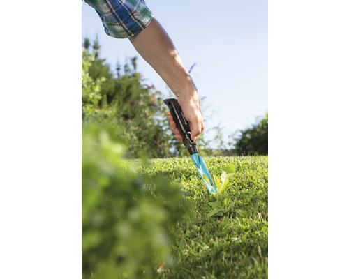 Tuinscène met een hand die een onkruidsteker in het gazon gebruikt