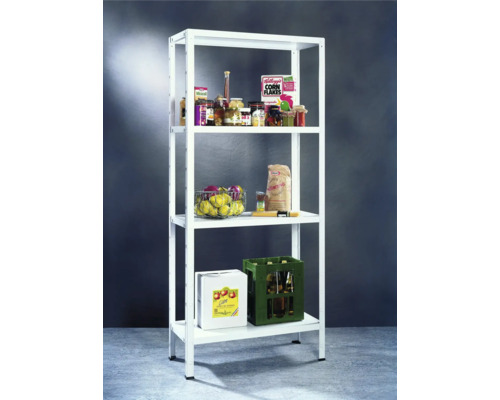 Witte metalen stellingkast met vier niveaus en diverse levensmiddelen voor opslag