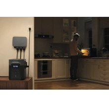 Ruimtescène met energiecentrale, verdeler en persoon in een keuken