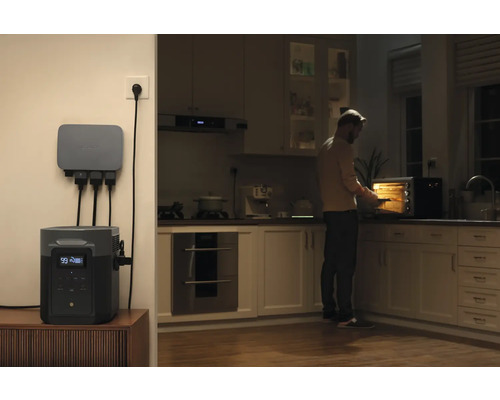 Ruimtescène met energiecentrale, verdeler en persoon in een keuken