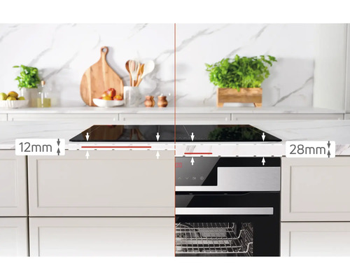 Inbouw oven en inductiekookplaat met afmetingen in een keukenopstelling.
