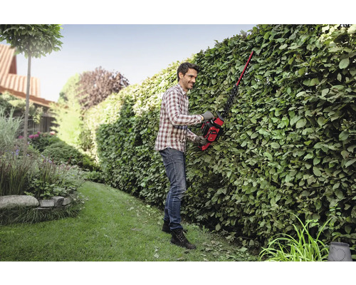 Een man snoeit met een heggenschaar een heg in een tuin.
