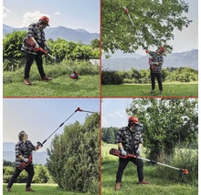 Montage van mensen die een accukantensnijder en een accuheggenschaar met steel in de tuin gebruiken