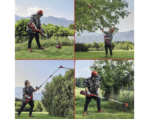 Montage van mensen die een accukantensnijder en een accuheggenschaar met steel in de tuin gebruiken