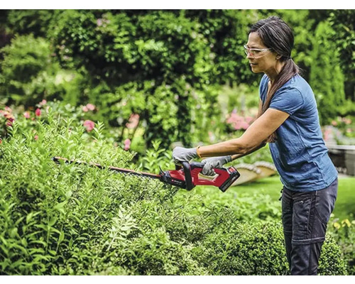 Een vrouw snoeit een haag met een heggenschaar in een tuin.
