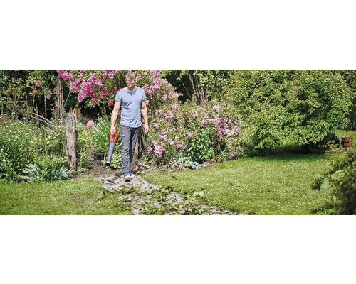 Man gebruikt een bladblazer in de tuin.