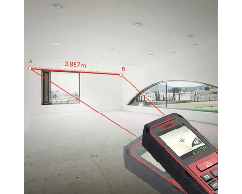 Laser afstandsmeter in gebruik om een ruimte te meten