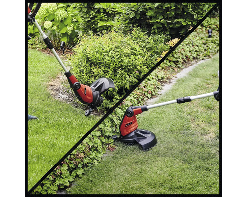 Twee grastrimmers in gebruik in een tuin.