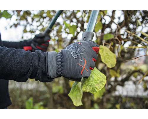 Een persoon met tuinhandschoenen knipt een haag met een snoeischaar.