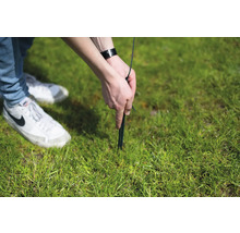 Persoon bevestigt een haring in het gras