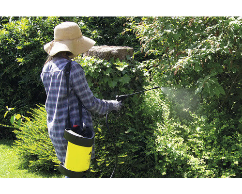 Vrouw in de tuin spuit planten met pesticide en rugspuit