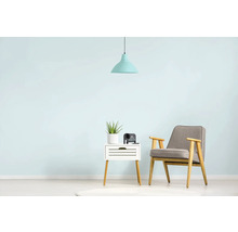 Woonkamer met fauteuil, bijzettafel, kamerplant en hanglamp