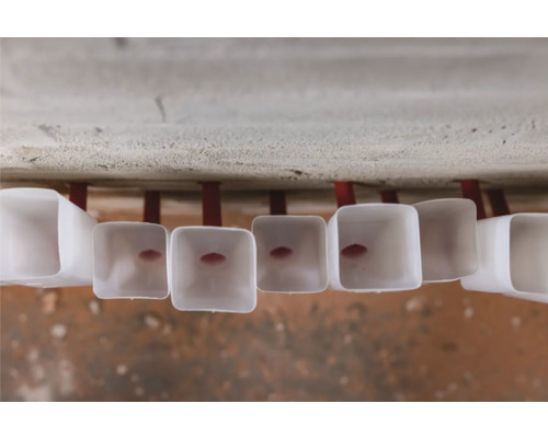 Rij kunststof ventilatieopeningen aan een plafond gemonteerd