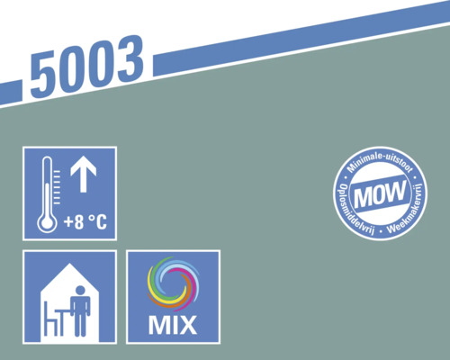 Symbool: Bewaren boven 8 graden Celsius. Symbool: Geschikt voor binnenshuis. Symbool: Mengbaar. MOW keurmerk.