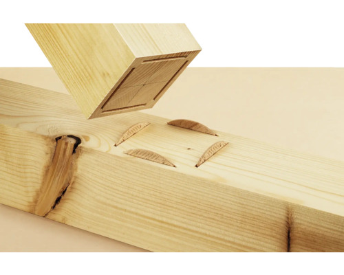 Houtverbinding met lamellen en houten deuvel