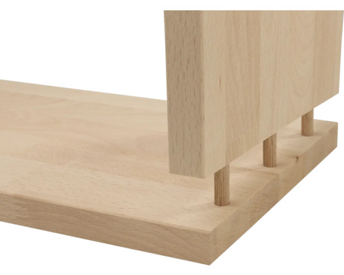 Detailopname van een houten plank met deuvelverbinding