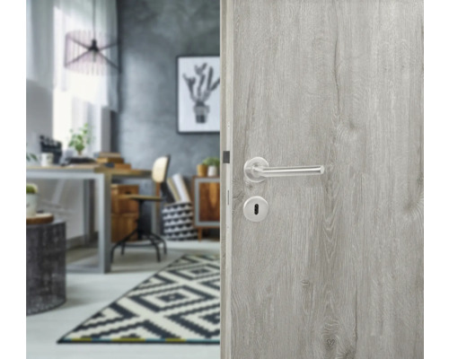 Grijze binnendeur met deurbeslag en uitzicht op een werkkamer